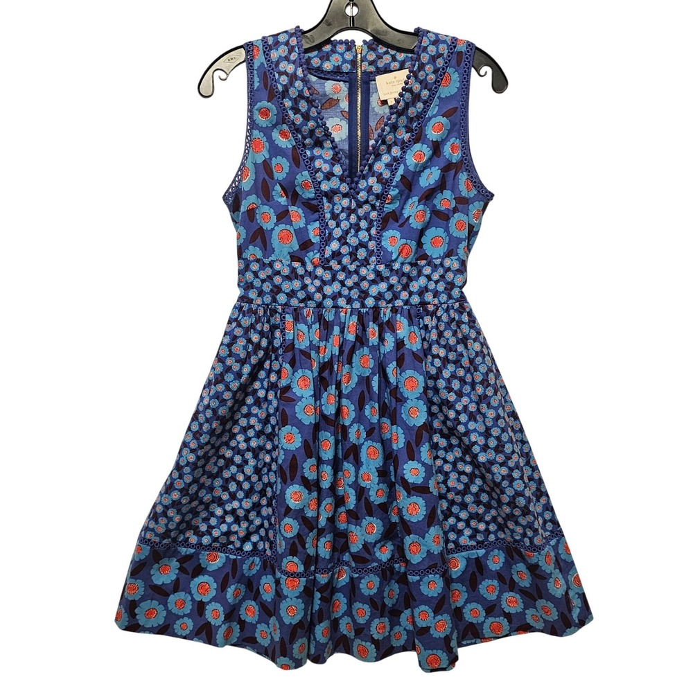 Kate Spade New York Mixed Floral Fit Flare Dress Blue Coral Lace Trim NJMU7334 2